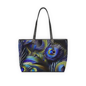 Niebieska torba na ramię ze sztucznej skóry z nadrukiem pawia Stylowa torba typu tote ze zwierzęcym nadrukiem Torebka boho dla niej Najlepszy prezent dla mamy Niepowtarzalny dodatek do torebki