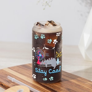 Cute Window Cat Napping 16 oz Iced Coffee Cup Glass Tumbler with Bamboo Lid and Straw  Summer Animal Lover Gift Reusable Cold Drink Cup