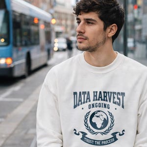 Data Harvest Ongoing Varsity Crewneck Sweatshirt | Tech Humor Unisex Programmer Gift (Dark Graphic)