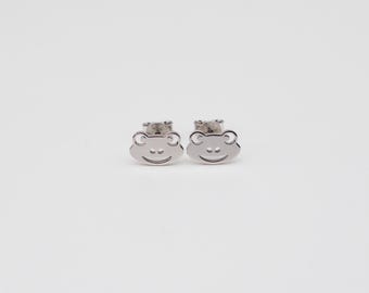 Frog Stud Earrings, Dainty Frog Earrings, Smiling Frog Face Earrings, Lucky Charm Gift for Frog Lovers, Sterling Silver Jewelry, 2018