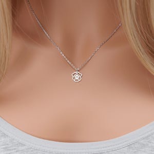 May include: A delicate silver necklace with a small, cutout flower pendant.