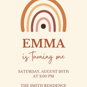 Editable Boho Rainbow 1st Birthday Invitation Girl Canva Template
