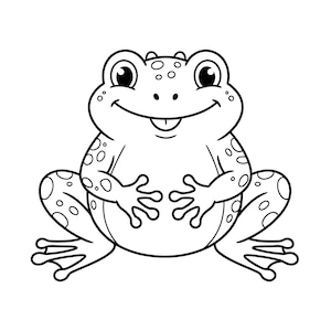 Puede incluir: Una ilustración de arte lineal en blanco y negro de una rana sonriente. La rana está representada en posición sentada, mirando hacia adelante con ojos grandes, una boca ancha y manchas visibles en la espalda y las extremidades.