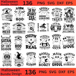Könnte beinhalten: Eine digitale Sammlung von 136 Halloween-Grafikdesigns in Schwarz auf weißem Hintergrund. Das Paket enthält verschiedene Illustrationen von Geistern, Kürbissen, Hexen und Fledermäusen, begleitet von Sprüchen wie In My Spooky Era und Boo.