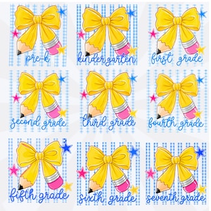 May include: A set of nine digital illustrations featuring yellow bows and pencils on a blue gingham background. Each design includes blue cursive text labeling school levels from pre-k to seventh grade, accented by small pink and yellow stars.