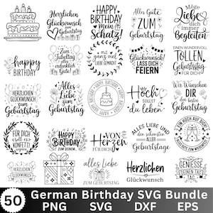 Könnte beinhalten: Eine Sammlung von fünfundzwanzig schwarz-weißen Grafikdesigns mit deutschen Geburtstagssprüchen, Tortenillustrationen, Geschenken, Luftballons und Blumenmotiven, angeordnet in einem Raster zur Verwendung als SVG-, PNG-, DXF- und EPS-Dateien.
