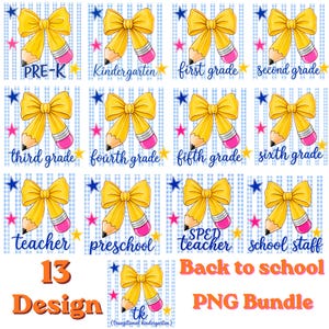 May include: A digital bundle of 13 designs featuring yellow bows combined with pencils on a light blue gingham background with stars. Each design includes text labels such as Pre-K, Kindergarten, grades 1-6, teacher, SPED teacher, and school staff.