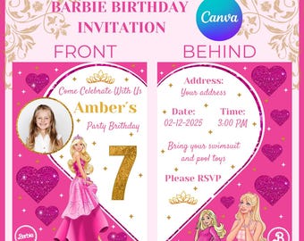 Editable Canva Invitation for Barbie Party, Fashion Doll Party, Girls Birthday Invitation, Doll Birthday Invitation, Pink Barbie Birthday