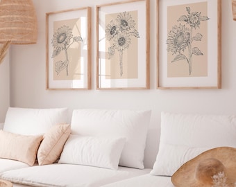 Trendy wall art set of 3 | Sunflower print, Set of 3 posters, Yellow flowers 3 piece wall art, Sunflower decor,  Instant Download
