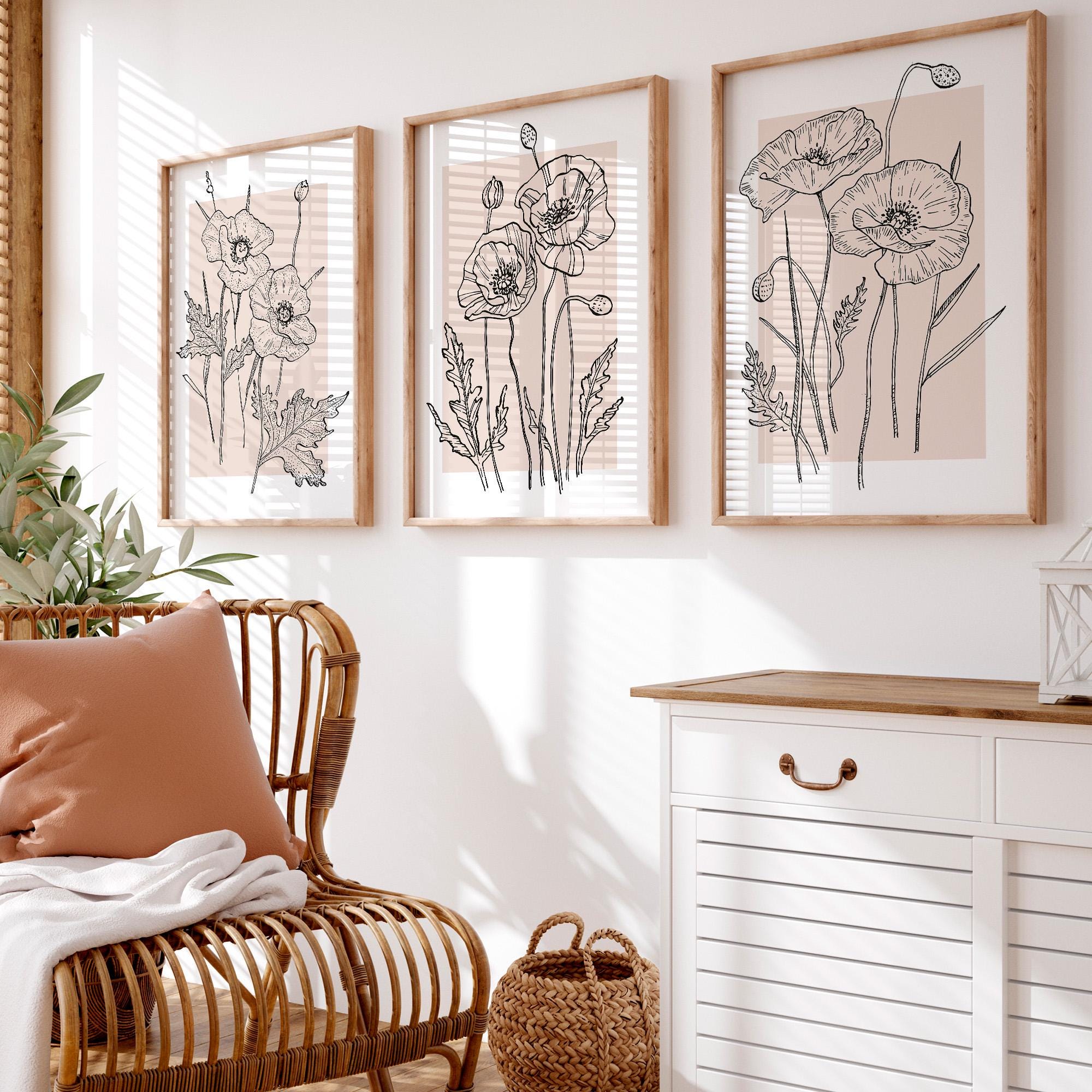 Poppies Wall Art Set of 3 Piece Wall Art Beige Botanical Line Art Plant Prints Minimalist Modern Home Decor Printable Art Instant Download