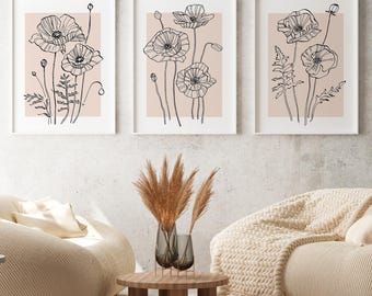 Poppies Wall Art Set of 3 Piece Wall Art Beige Botanical Line Art Plant Prints Minimalist Modern Home Decor Printable Art Instant Download