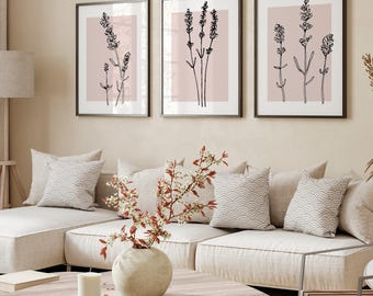 Beige Wall Art Set of 3 Flower Lavender Neutral Botanical Line Art Plant Prints Minimalist Modern Living Room Home Decor Printable Art