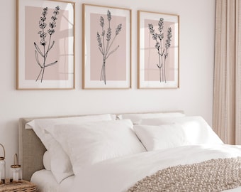 Beige Wall Art Set of 3 Flower Lavender Neutral Botanical Line Art Plant Prints Minimalist Modern Living Room Home Decor Printable Art