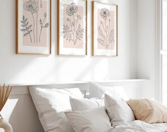 Poppies Wall Art Set of 3 Piece Botanical Line Art Plant Prints Minimalist Flower Drawing Modern Farmhouse Cottage Decor Digital Download