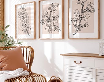 Sakura Wall Art Set of 3 Piece Wall Art Beige Botanical Line Art Plant Prints Minimalist Modern Home Decor Printable Art Instant Download