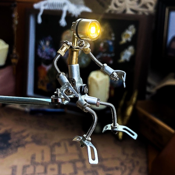 Metal Robot Figurine with LED Light for Desk Decor Handmade Miniature Stainless Steel Robot Lamp Birthday Gift for Him Tech Fans Collectors