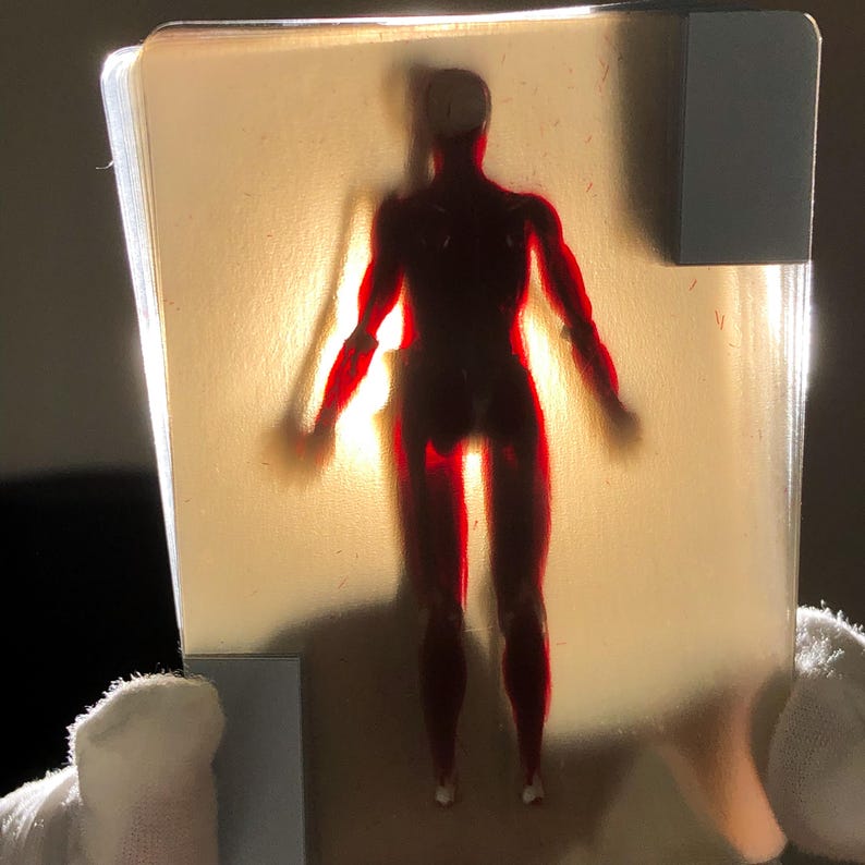 Close-up image of a single Transparent Skeleton Slice Playing Card held between fingers under natural light, highlighting the clarity of the transparent PVC material and the crisp anatomical skeleton illustration in red UV ink, perfect for illusionists, students, and those who appreciate unique poker deck aesthetics.