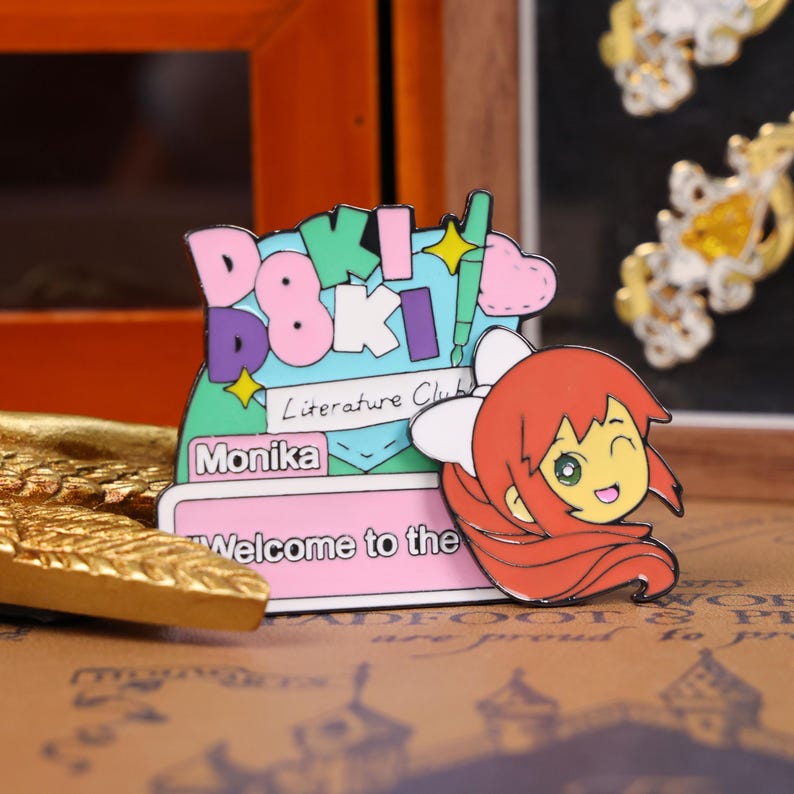 Close-up shot of kawaii enamel badges inspired by Doki Doki Literature Club characters Sayori, Natsuki, Yuri, and Monika, including famous quotes from the game. These vibrant anime enamel pins are great for cosplay looks, Halloween outfits, and Christmas stocking stuffer ideas. Perfect for display on ita bags, pinboards, or gifting to a visual novel fan. Great for anime lovers shopping for unique enamel pins, cute gamer gifts, or DDLC-themed accessories on Etsy.