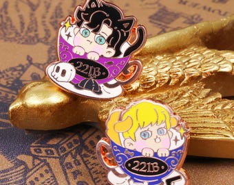 Sherlock Holmes 221B Enamel Pin Set Gold Teacup Pins Sherlock Watson Duo Holiday Gift Xmas Decor Mystery Fan Collectible Detective Gift Set