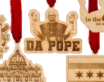 Pope Leo XIV Wooden Ornament Set: Chicago & Vatican Catholic Keepsake