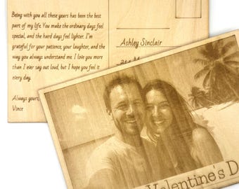 Personalized Engraved Wooden Valentine’s Day Postcard – Custom Photo & Message – Mailed Directly to Recipient – Unique Valentine Gift