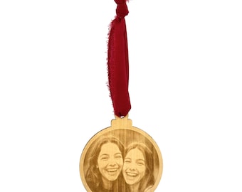 Photo Engraved Wooden Ornament: Personalized Keepsake with Red Ribbon