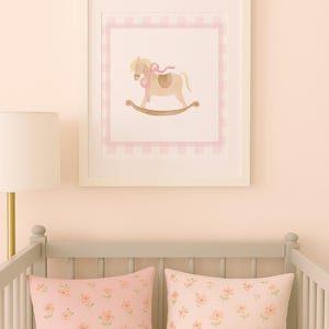 Pink Gingham Rocking Horse Print: Baby Girl Nursery Decor (Digital Download Jpeg File)