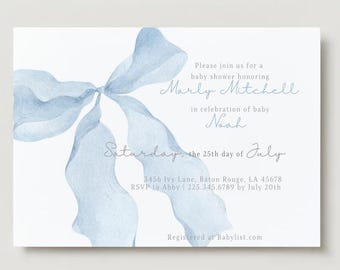 Blue Bow Baby Shower Invitation Template: Editable Canva Invite (Digital Download)