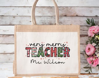 Custom Christmas Teacher Jute Tote Bag: Personalized Xmas Gift