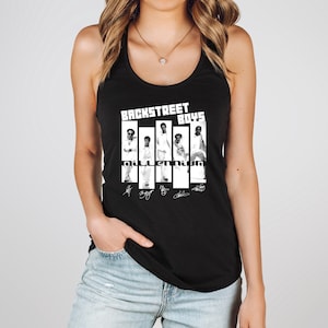 May include: Black tank top featuring the text "BACKSTREET BOYS" above a black and white image of the band members. Below the image is the word "Millennium" and the band's signatures.