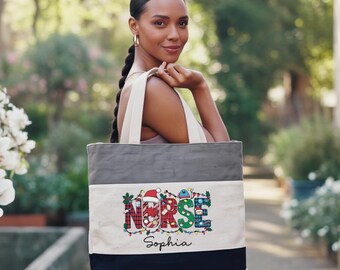 Personalized Nurse Christmas Tote Bag: Tri-Color Cotton Gift