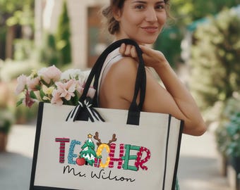 Custom Christmas Teacher Tote Bag, Xmas Gift