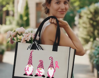 Gnome Breast Cancer Awareness Tote Bag: Cancer Warrior Gift