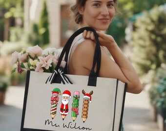 Personalized Christmas Teacher Tote Bag, Xmas Pencils Design