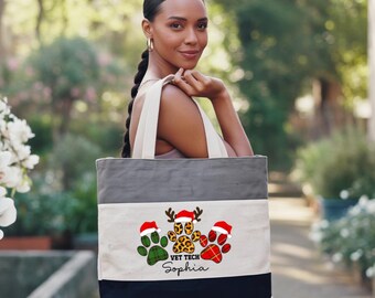 Personalized Vet Tech Christmas Tote Bag: Tri-Color Cotton