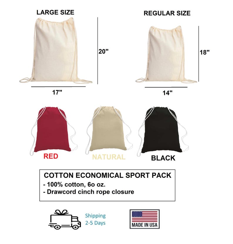 a drawsack bag is shown with the measurements for it