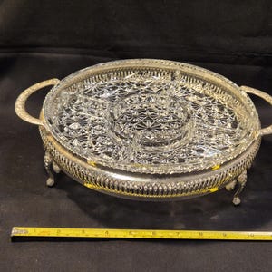 Vintage Round Tray Divided Serving Plate Cut Glass w/ Metal Stand 10&quot;