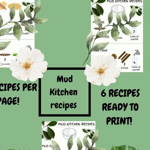 Op de afbeelding: Printbare modderkeukenrecepten met illustraties van ingrediënten en gereedschap. De recepten omvatten moddertaart, moddersoep en modderslijm. De tekst luidt "2 recepten per pagina!" en "6 recepten klaar om te printen!"