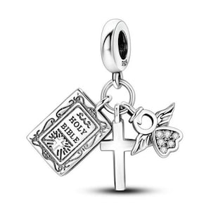 Bible charm with cross and angel for bracelet and necklace 925 sterling silver