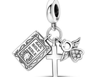 Charm biblia con cruz y angel para pulsera y collar plata de ley 925