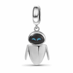 May include: Silver charm featuring a robot with a black head and blue eyes. The robot has a silver body and is smiling. The charm is designed to be used on a bracelet or necklace.