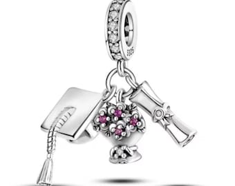 Graduation Charm 925 Silver with Cap Scroll Bouquet fit for Pandora bracelet