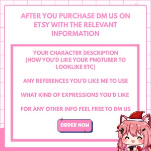 Post-purchase instructions infographic for a custom PNGTuber commission, explaining what character description, reference images, and expression preferences to send via Etsy message after ordering. This guide ensures buyers provide complete and accurate information needed to begin their custom streaming avatar illustration.
