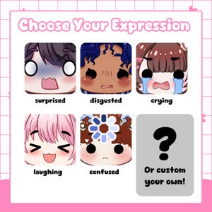 Expression reference chart for a custom PNGTuber commission, displaying surprised, disgusted, crying, laughing, and confused expression states alongside an option for fully custom expressions upon request. This guide helps buyers understand the range of animated facial reactions included in each PNGTuber avatar package before choosing a package tier for their streaming setup.