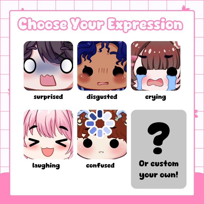 Expression reference chart for a custom PNGTuber commission, displaying surprised, disgusted, crying, laughing, and confused expression states alongside an option for fully custom expressions upon request. This guide helps buyers understand the range of animated facial reactions included in each PNGTuber avatar package before choosing a package tier for their streaming setup.