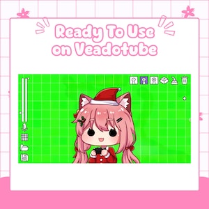 Custom PNGTuber avatar demo displayed on a green screen chroma key background, confirming compatibility and ready-to-use setup with Veadotube streaming software. This example helps streamers visualize exactly how their custom chibi anime-style avatar will look and function once integrated into their live streaming overlay, without additional editing required.