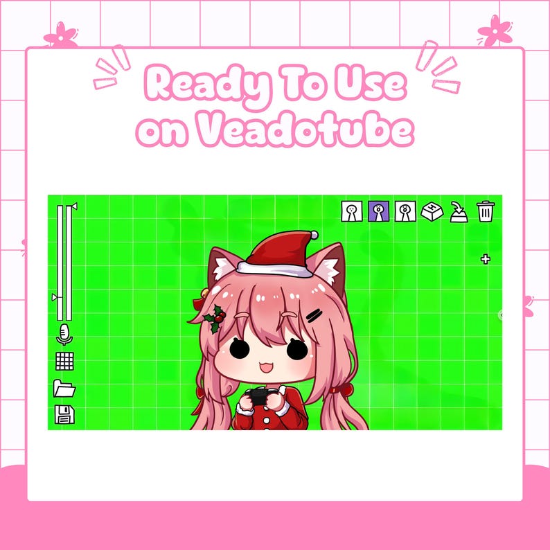 Custom PNGTuber avatar demo displayed on a green screen chroma key background, confirming compatibility and ready-to-use setup with Veadotube streaming software. This example helps streamers visualize exactly how their custom chibi anime-style avatar will look and function once integrated into their live streaming overlay, without additional editing required.