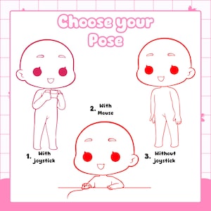 Pose reference chart for custom PNGTuber avatar commissions, illustrating options with and without a computer mouse, and with or without a joystick or game controller in hand. This guide helps streamers and gamers choose the hand and prop positioning that best matches their gaming setup and content creation style for a more personalized avatar.