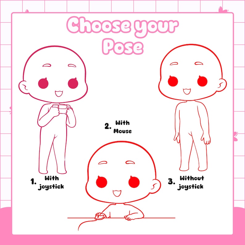 Pose reference chart for custom PNGTuber avatar commissions, illustrating options with and without a computer mouse, and with or without a joystick or game controller in hand. This guide helps streamers and gamers choose the hand and prop positioning that best matches their gaming setup and content creation style for a more personalized avatar.