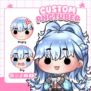 Chibi PNGTuber avatar illustration with long, light blue flowing hair and layered highlights, featuring angry and crying expression toggles for dynamic streaming reactions. This custom Vtuber-inspired anime character design example highlights detailed hair animation potential and soft pastel color palette options available for personalized streaming avatar commissions.